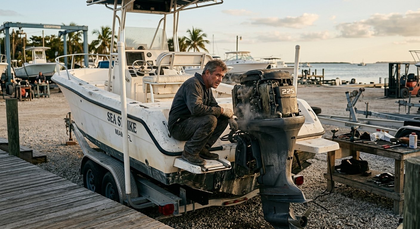 Man crouching at stern of dry-docked boat inspecting outboard engine with visible exhaust residue on cowling in a boatyard