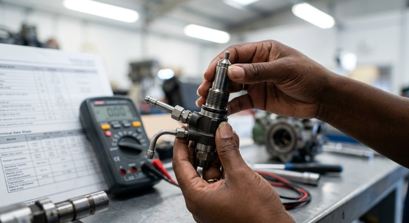 Close-up of hands holding a marine fuel injector under workshop light, with diagnostic equipment blurred in the background.