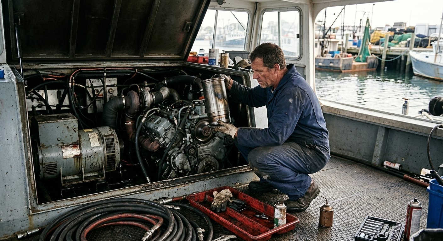 Marine mechanic on docked fishing vessel holds cylinder liner up to light through open engine hatch, tools on deck around him