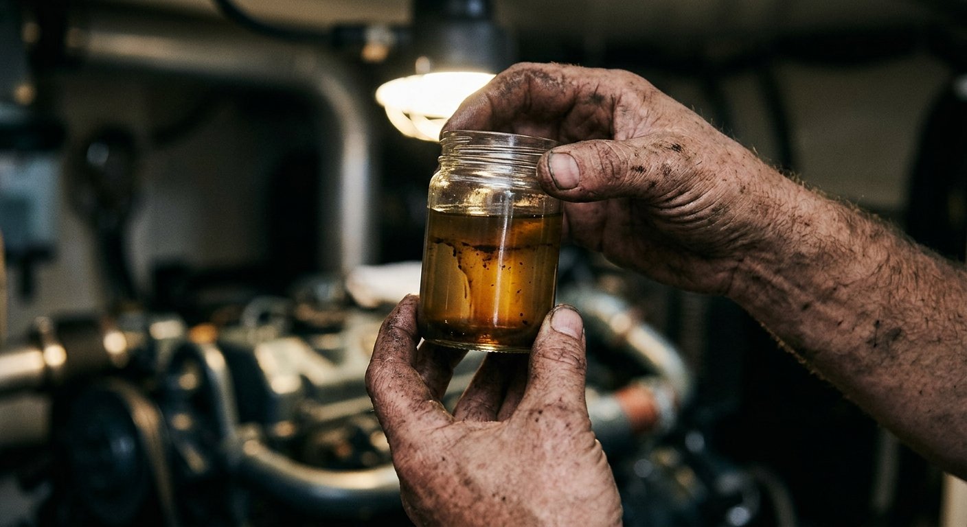 Grease-stained hands holding a glass sample jar of dark, contaminated engine oil in a dimly lit yacht engine room.