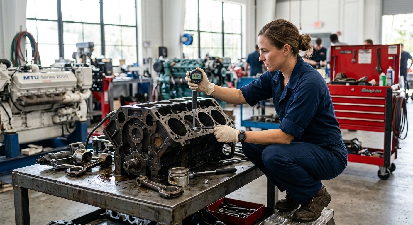 Female marine technician in navy uniform measuring a cylinder bore with a digital gauge on a disassembled engine block in a b