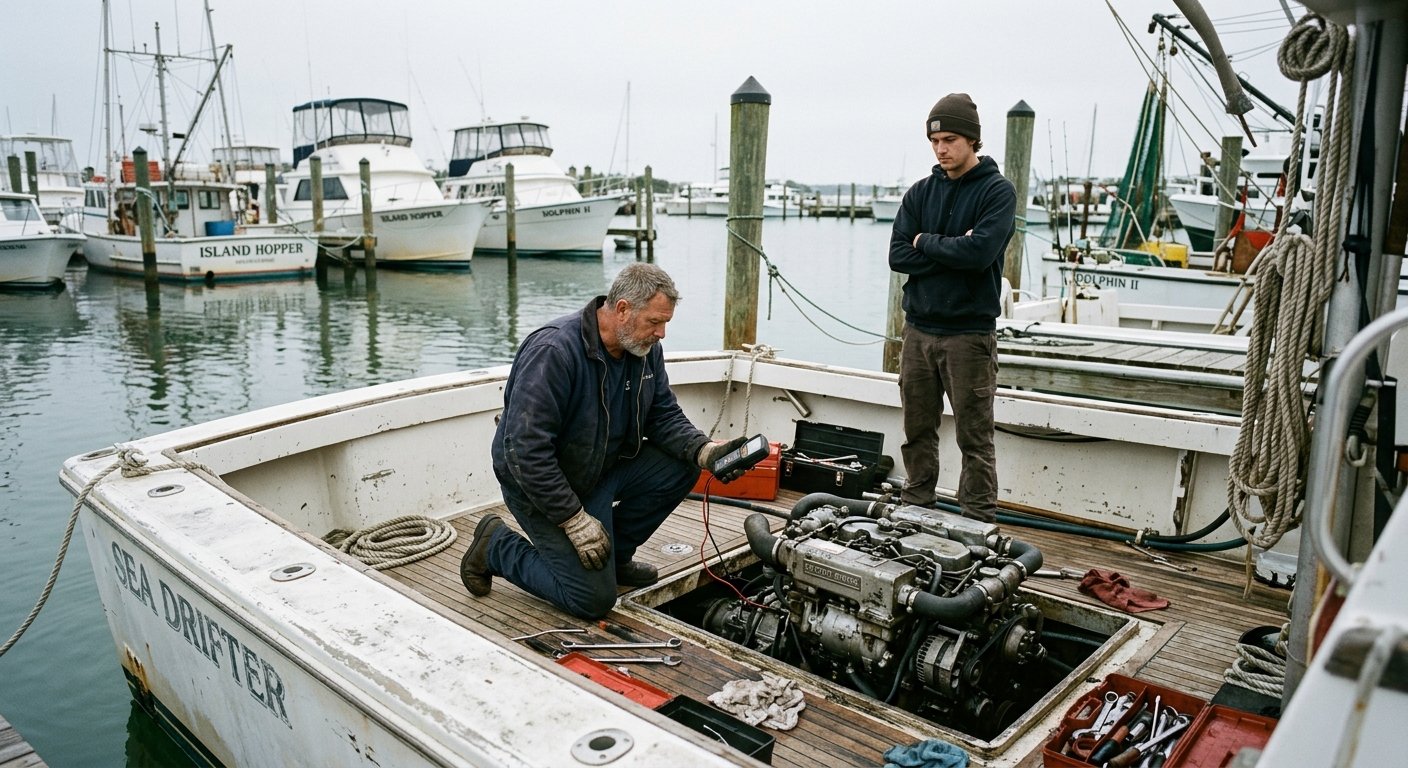 Mechanic crouching over open engine hatch on docked fishing boat reading diagnostic gauge while crew member watches nearby