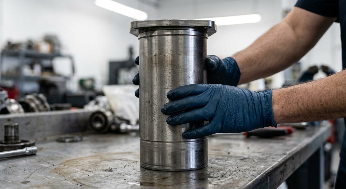 Gloved hands holding a machined diesel cylinder liner on a workshop bench under bright fluorescent light