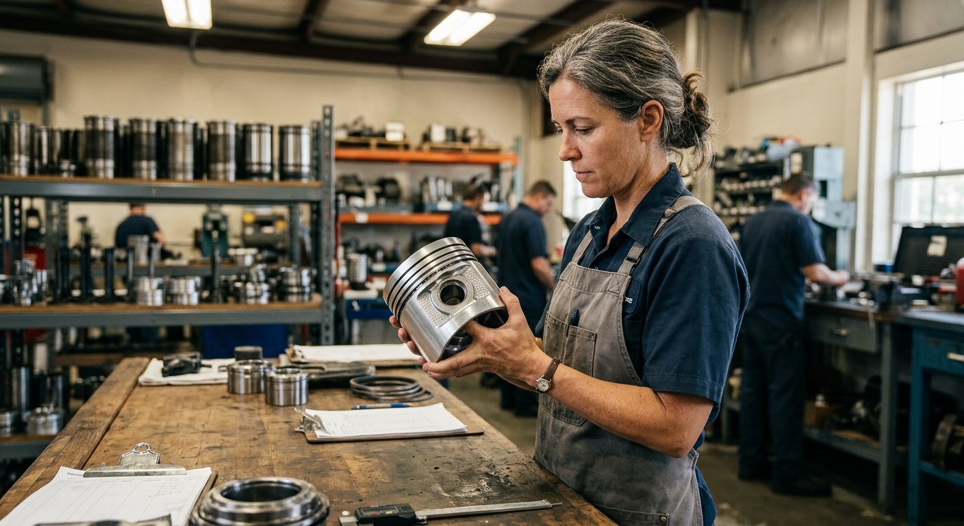 Female engine rebuilder inspecting a new OEM diesel piston at a parts counter inside a repair facility
