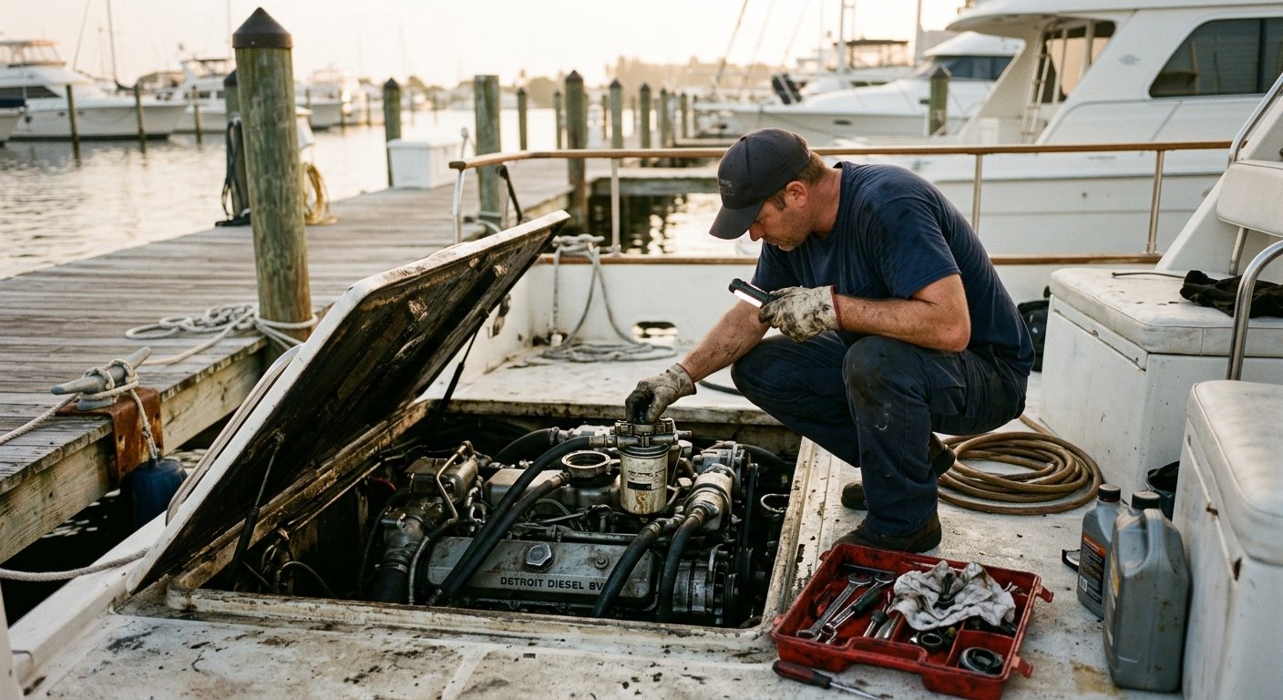 Marine technician crouching over open engine hatch on yacht deck inspecting fuel filter, dock and moored boats in background,
