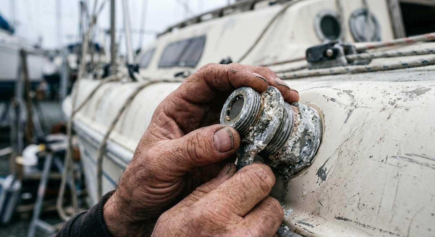 Weathered hands examining a salt-encrusted marine fuel tank vent fitting on a fiberglass hull in a shaded boatyard