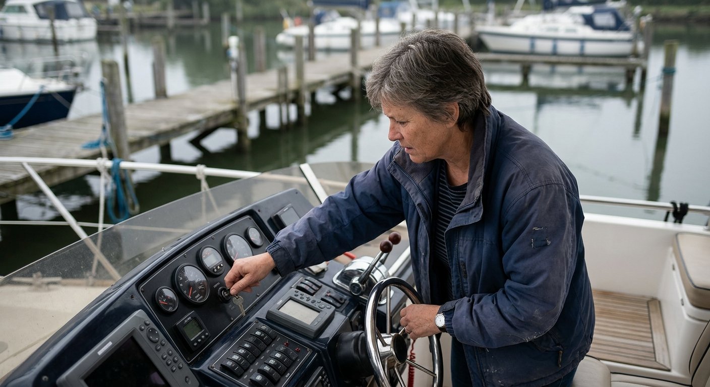 Woman at a boat helm frowning while turning the ignition key, gauges visible on the console, quiet marina behind her