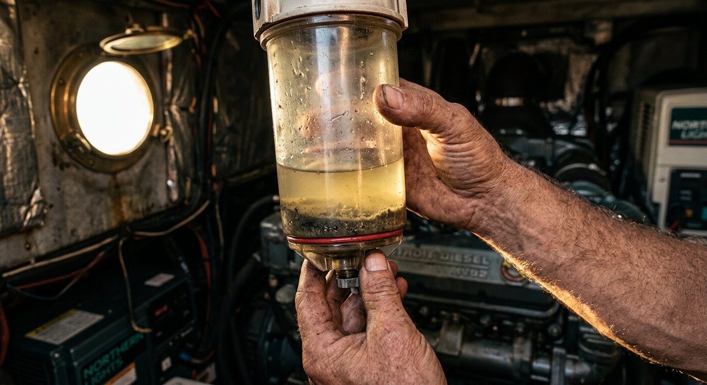 Hands holding a cloudy, water-contaminated Racor fuel filter bowl up to light, with dark sediment visible inside