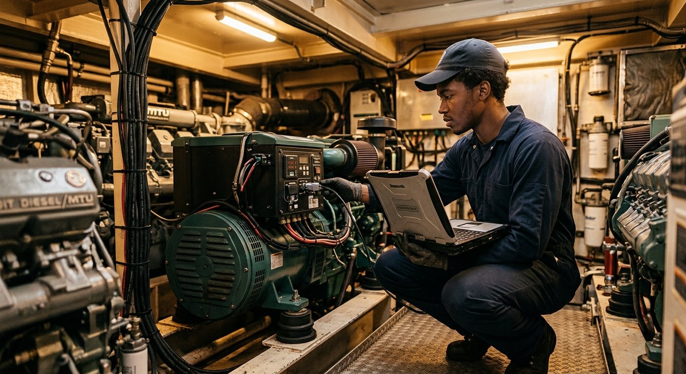 Young male technician crouches in a yacht engine room, connecting a diagnostic cable to a marine generator control panel whil