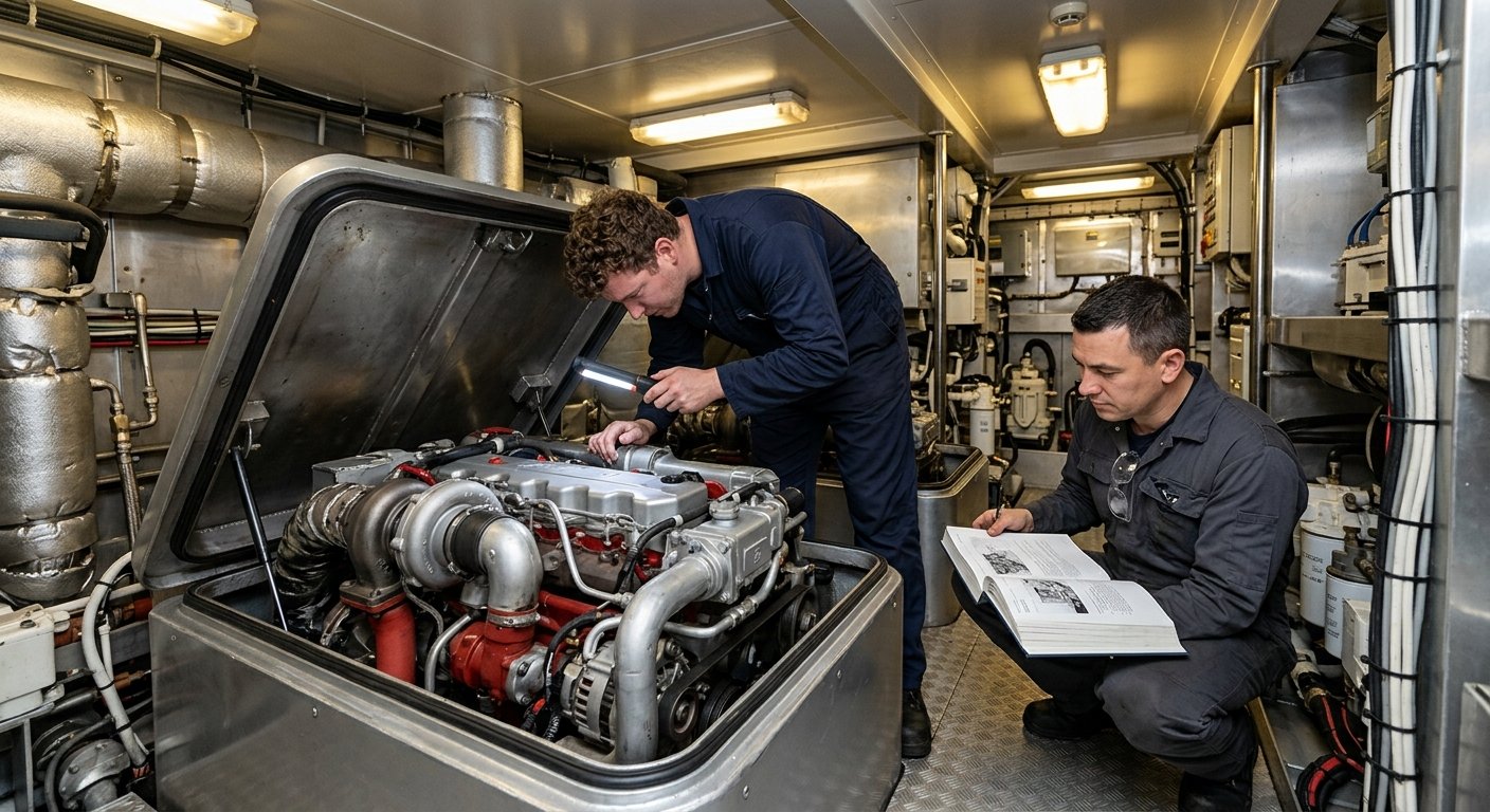Two marine technicians inspect a large diesel engine inside a yacht engine room under bright work lights