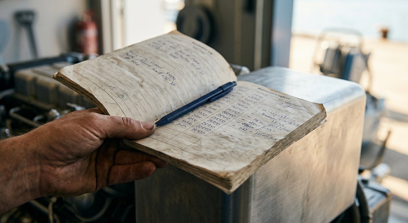 Grease-stained hand holding open a maintenance logbook against a steel engine part, with handwritten hour readings and a pen 