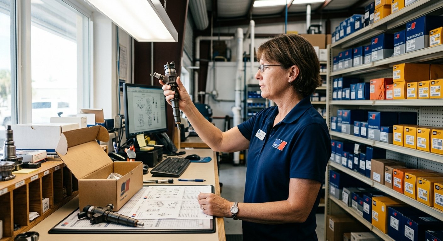 Female parts specialist holding a fuel injector up to the light at a marine service parts counter, comparing it to a specific